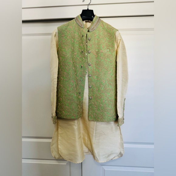 Green and Cream Embroidered Vest and Kurta Set
